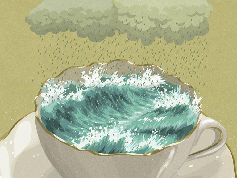 Illustration: Sturm in einer Teetasse. Eine Regenwolke hängt über der Tasse mit stürmischen Wellen als Inhalt.