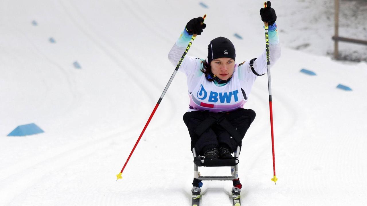 Biathletin Anja Wicker (MTV Stuttgart) beim Para Weltcup Oberried 2018. Biathletin Anja Wicker (MTV Stuttgart) beim Para Weltcup Oberried 2018.