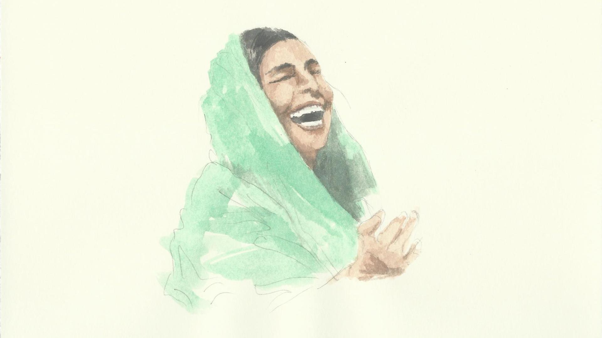 Eine Frau lacht mit geschlossenen Augen. Es handelt sich hier um eine Aquarellzeichnung. Eine Frau lacht mit geschlossenen Augen. Es handelt sich hier um eine Aquarellzeichnung.