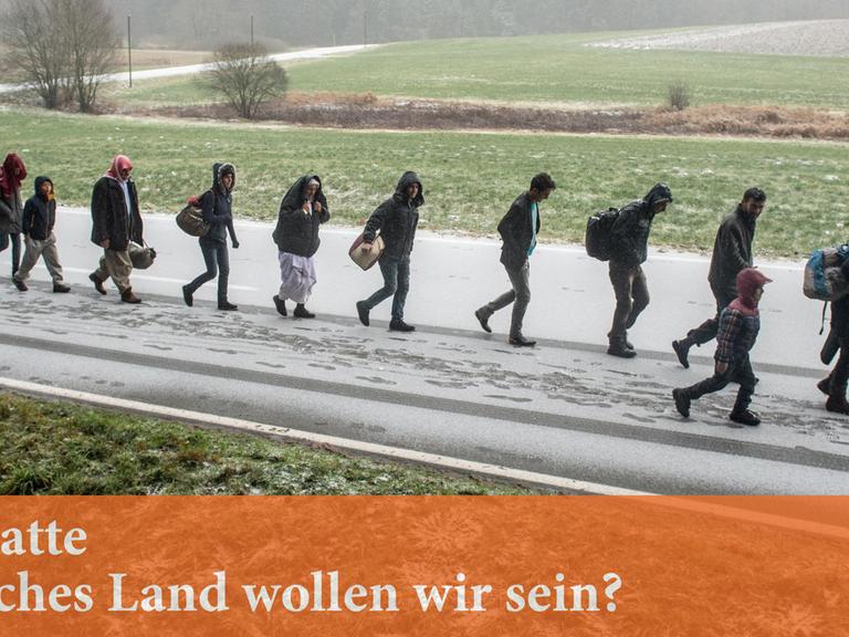 Flüchtlinge gehen am 21.11.2015 an der deutsch-österreichischen Grenze nahe Wegscheid (Bayern) während eines Schneeschauers nach Deutschland.
