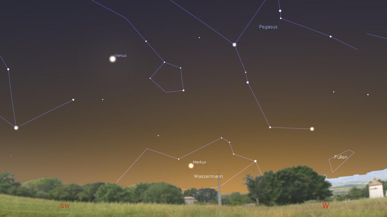 Rechts unterhalb der strahlend hellen Venus zeigt sich in den nächsten Tagen auch Merkur, der innerste Planet – die hier gezeigte Stellung gilt für den 10. Februar gegen 18 Uhr Rechts unterhalb der strahlend hellen Venus zeigt sich in den nächsten Tagen auch Merkur, der innerste Planet – die hier gezeigte Stellung gilt für den 10. Februar gegen 18 Uhr