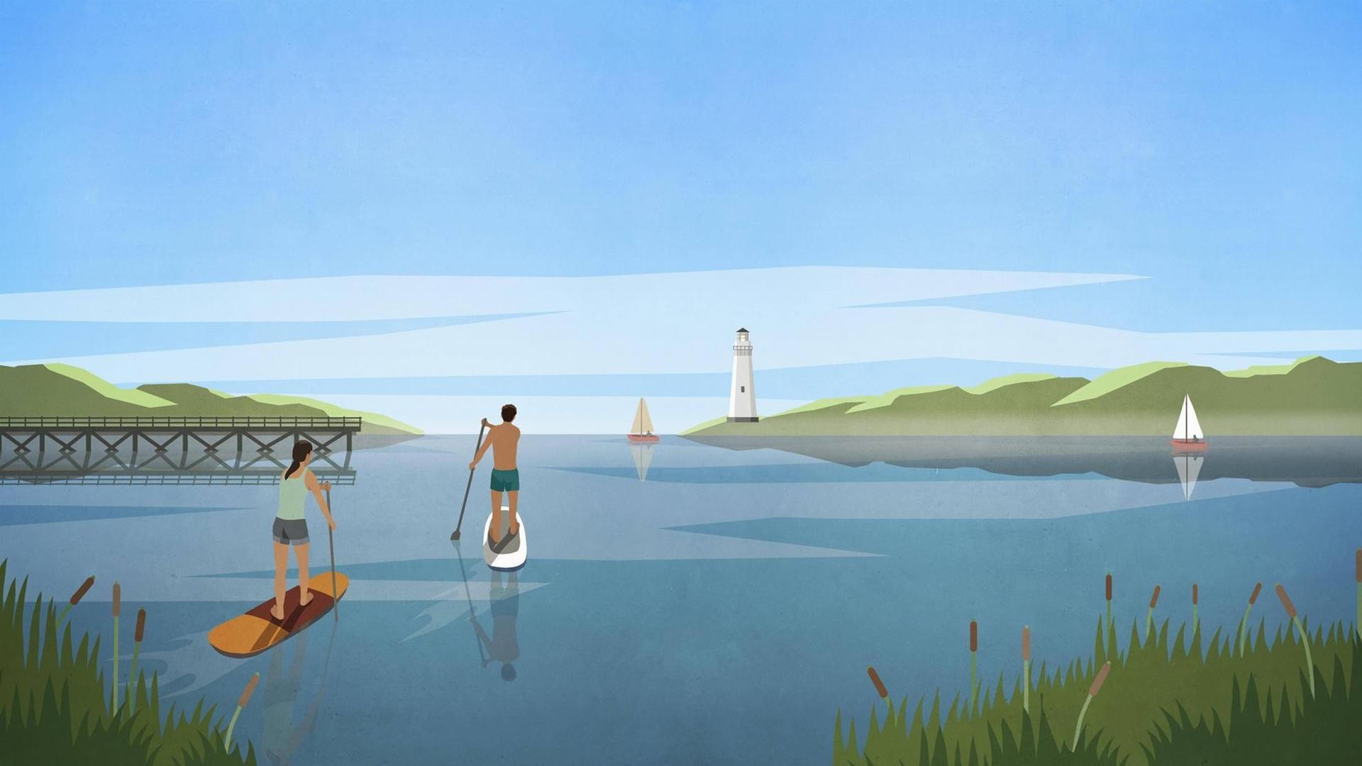 Illustration von zwei Personen, die jeweils auf einem Paddelboard auf dem Wasser fahren. Im Hintergrund ist ein Leuchtturm zu sehen. Illustration von zwei Personen, die jeweils auf einem Paddelboard auf dem Wasser fahren. Im Hintergrund ist ein Leuchtturm zu sehen.