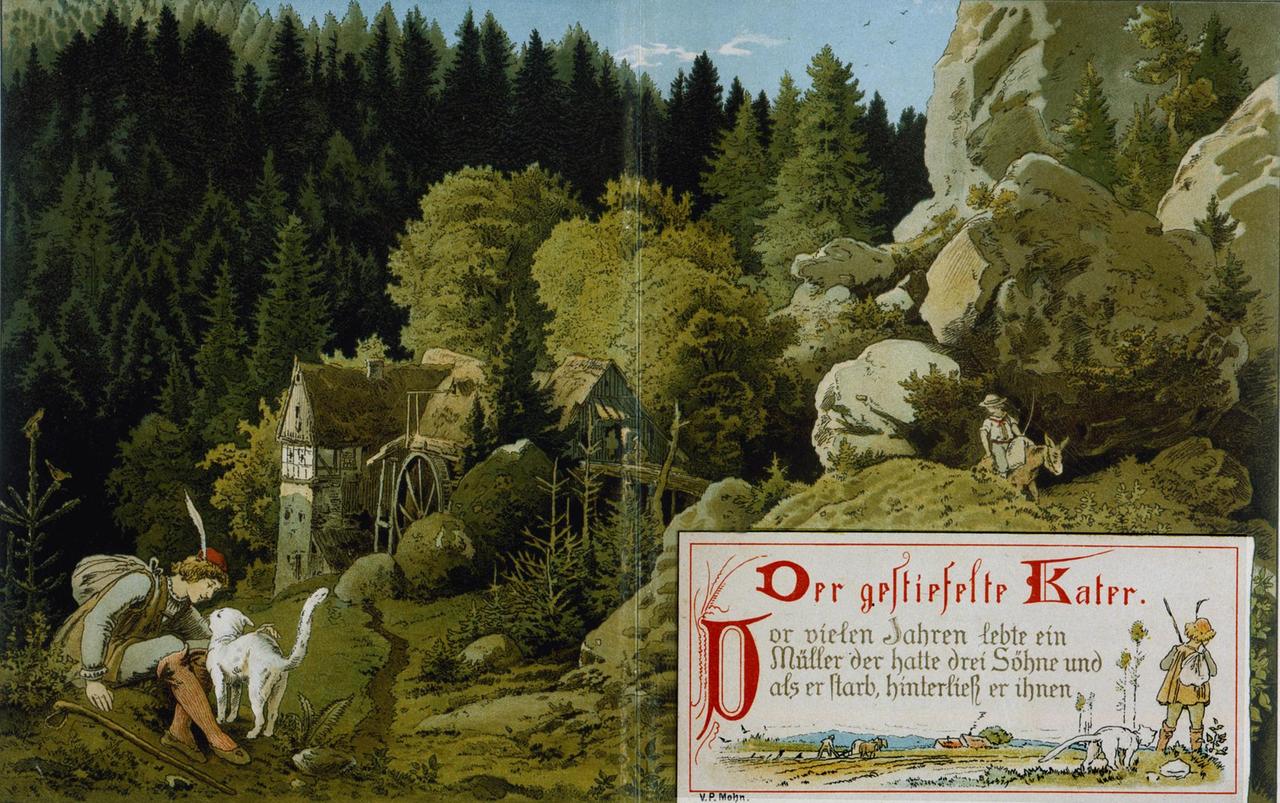 Farblithographie zu "Der gestiefelte Kater" von Viktor Paul Mohn aus dem Jahr 1882. Aus: Märchen-Strauss für Kind und Haus Farblithographie zu "Der gestiefelte Kater" von Viktor Paul Mohn aus dem Jahr 1882. Aus: Märchen-Strauss für Kind und Haus