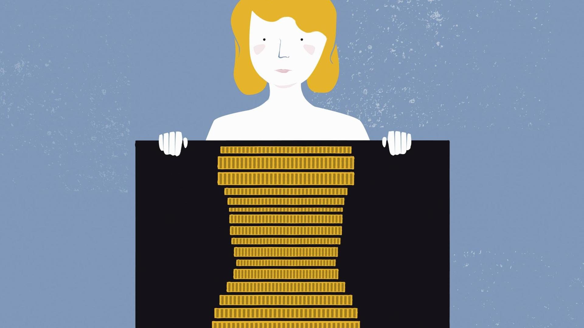 Frau in einem Röntgengerät mit Münzen anstelle des Körpers.