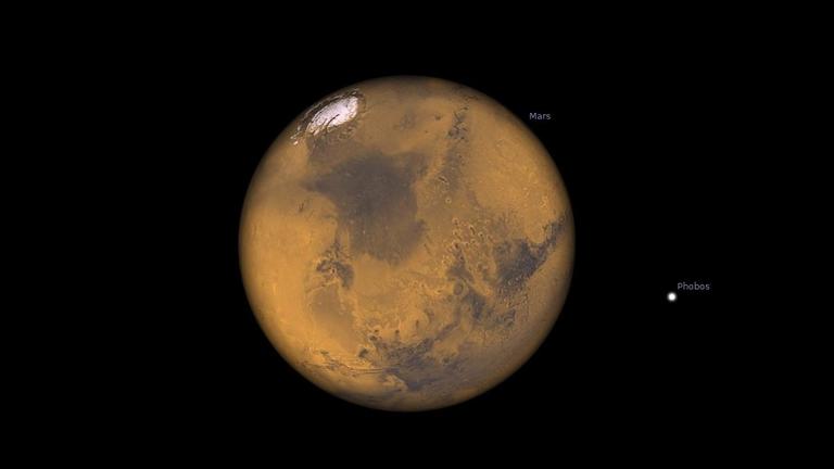 So erschiene Mars einem Beobachter auf der Sonne zur Mars-Sommersonnenwende - der Nordpol (oben) ist der Sonne zugewandt So erschiene Mars einem Beobachter auf der Sonne zur Mars-Sommersonnenwende - der Nordpol (oben) ist der Sonne zugewandt