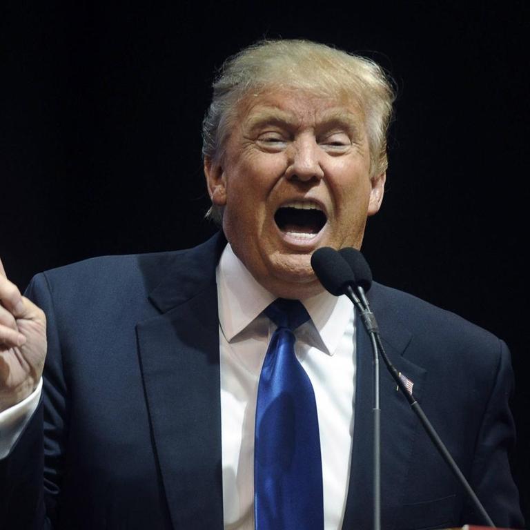 Donald Trump steht bei einer Wahlkampfrede an einem Rednerpult 