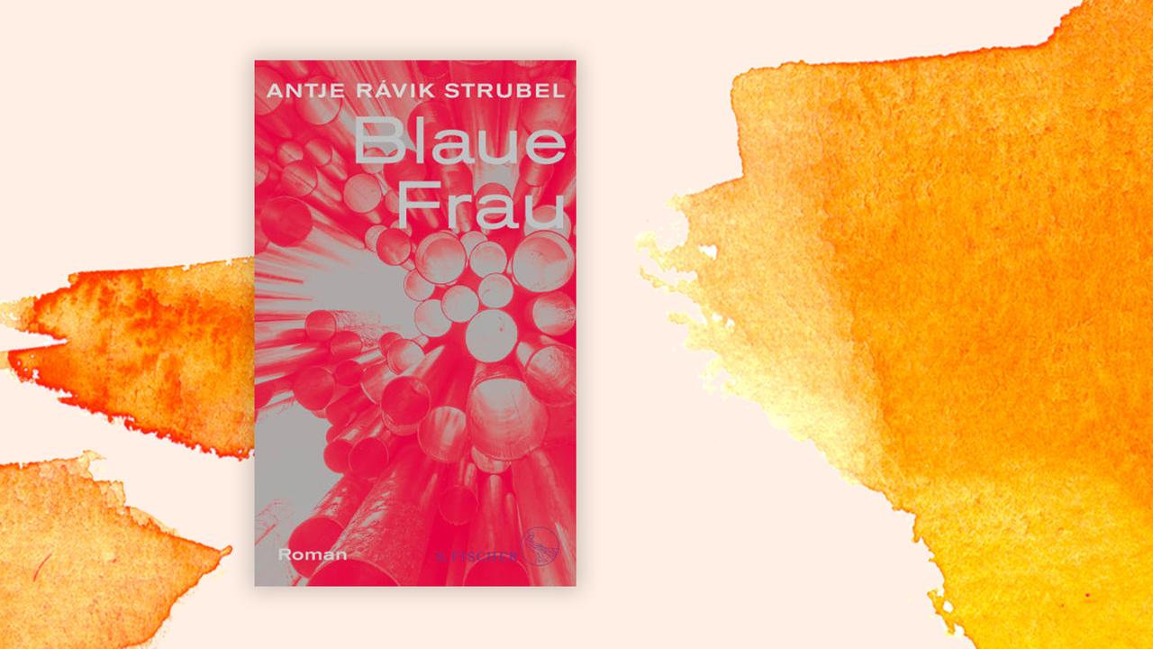 Das Cover des Buchs von Antje Ravik Struvel, "Blaue Frau" auf orange.weißem Hintergrund.