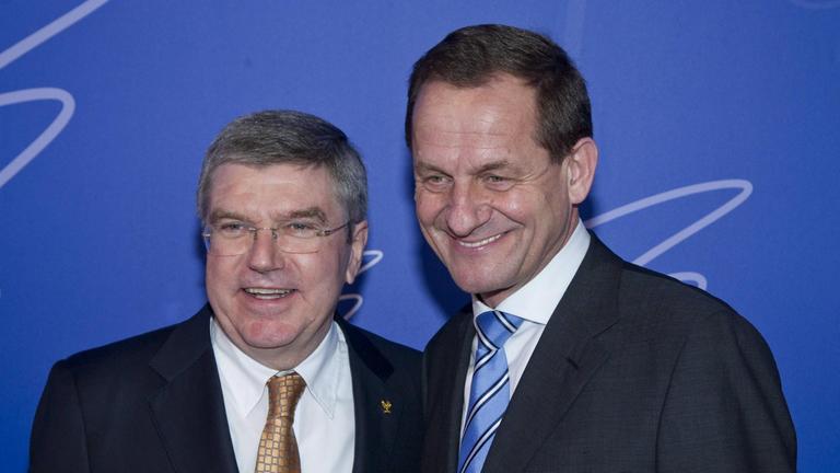 IOC-Präsident Thomas Bach (l.) und DOSB-Präsident Alfons Hörmann beim Empfang in der Stadthalle Tauberbischofsheim