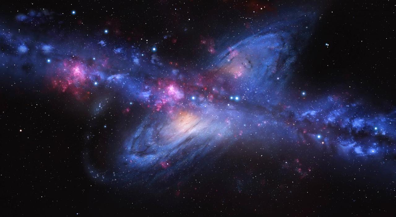 Eine künstlerische Darstellung von Milchstraße und Andromeda.
