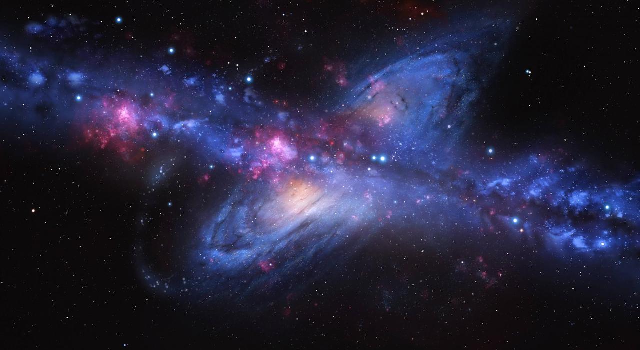 Eine künstlerische Darstellung von Milchstraße und Andromeda. Eine künstlerische Darstellung von Milchstraße und Andromeda.