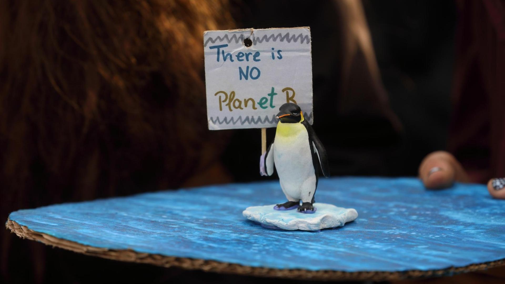 Eine Figur eines Pinguins steht auf blauer Pappe, dahinter eine kleines Schild mit der Aufschrift: There is NO Planet B. Eine Figur eines Pinguins steht auf blauer Pappe, dahinter eine kleines Schild mit der Aufschrift: There is NO Planet B.