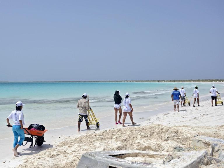 Freiwillige helfen bei der Reinigung eines Strandabschnitts auf La Tortuga / Karibik