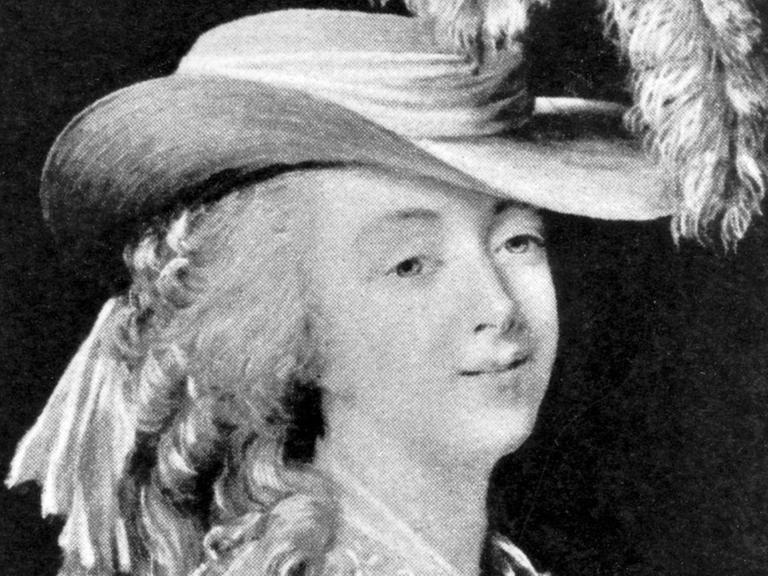 Gemälde der Mätresse des französischen Königs Ludwig XV., Madame du Barry, von der französischen Malerin Elizabeth Vigee Lebrun. Es Zeigt du Barry mit Federhut und barockem Rüschenkleid.