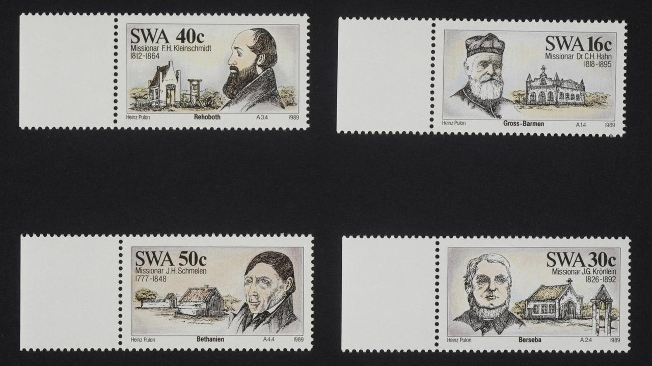 Namibische Briefmarken aus 1989 zeigen deutsche Missionare aus der deutschen Kolonialzeit. (von links nach rechts und von oben nach unten: Franz Heinrich Kleinschmidt (1812-1864), Carl Hugo Haln (1818-1895), Johann Heinrich Schmelen (1777-1848), Johann Georg Kronlein (1826-1892). 