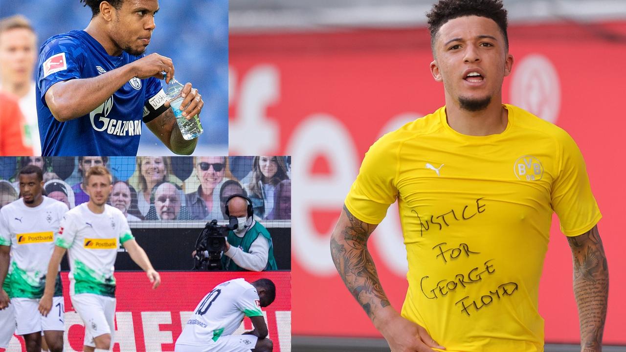 Eine Collage der Aktionen gegen Rassismus der Bundesliga-Spieler Jadon Sancho (Borussia Dortmund), Weston McKennie (Schalke) und Marcus Thuram (Borussia Mönchengladbach). Eine Collage der Aktionen gegen Rassismus der Bundesliga-Spieler Jadon Sancho (Borussia Dortmund), Weston McKennie (Schalke) und Marcus Thuram (Borussia Mönchengladbach).