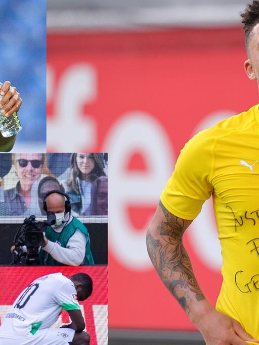 Eine Collage der Aktionen gegen Rassismus der Bundesliga-Spieler Jadon Sancho (Borussia Dortmund), Weston McKennie (Schalke) und Marcus Thuram (Borussia Mönchengladbach).