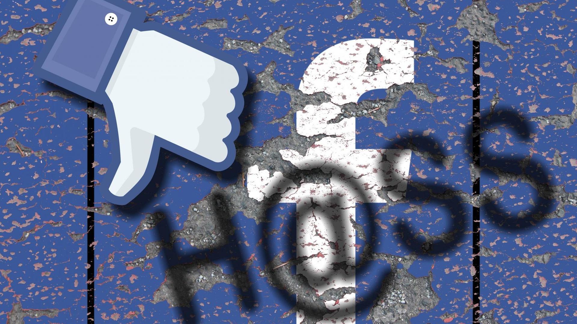 Facebook-Symbole wie die Abkürzung 'f' und der gesenkte Daumen für "dislike" auf blauem Grund und darüber steht Hass gesprüht, wobei der Buchstabe 'a' in Hass aus dem At-Zeichen besteht. Facebook-Symbole wie die Abkürzung 'f' und der gesenkte Daumen für "dislike" auf blauem Grund und darüber steht Hass gesprüht, wobei der Buchstabe 'a' in Hass aus dem At-Zeichen besteht.