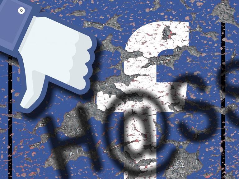 Facebook-Symbole und darüber steht Hass gesprüht.