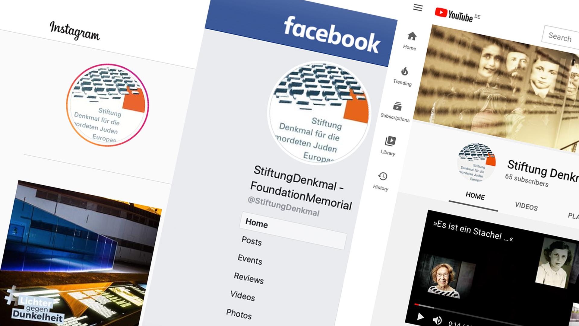 Montage aus Screenshots der Auftritte der Stiftung Denkmal für die ermordeten Juden auf verschiedenen Social-Media-Plattformen. Montage aus Screenshots der Auftritte der Stiftung Denkmal für die ermordeten Juden auf verschiedenen Social-Media-Plattformen.