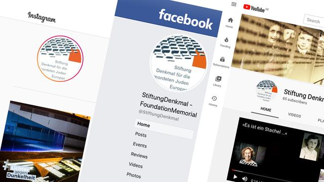 Montage aus Screenshots der Auftritte der Stiftung Denkmal für die ermordeten Juden auf verschiedenen Social-Media-Plattformen.