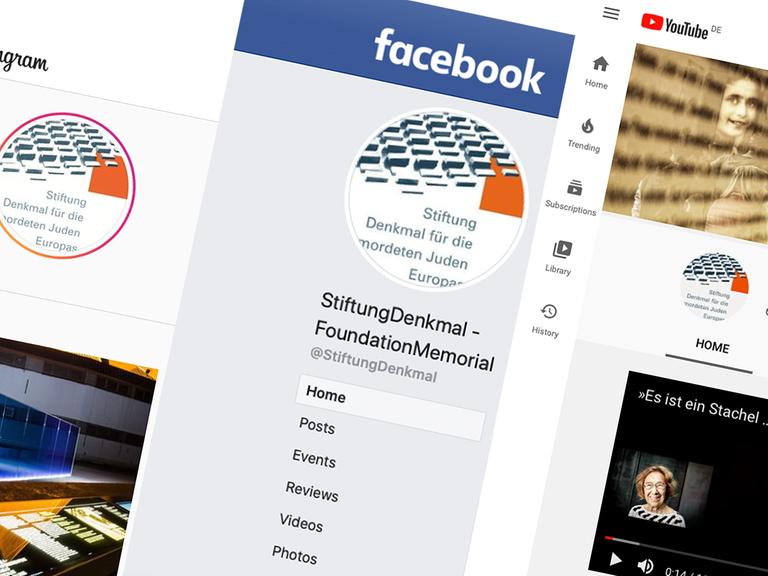 Montage aus Screenshots der Auftritte der Stiftung Denkmal für die ermordeten Juden auf verschiedenen Social-Media-Plattformen.