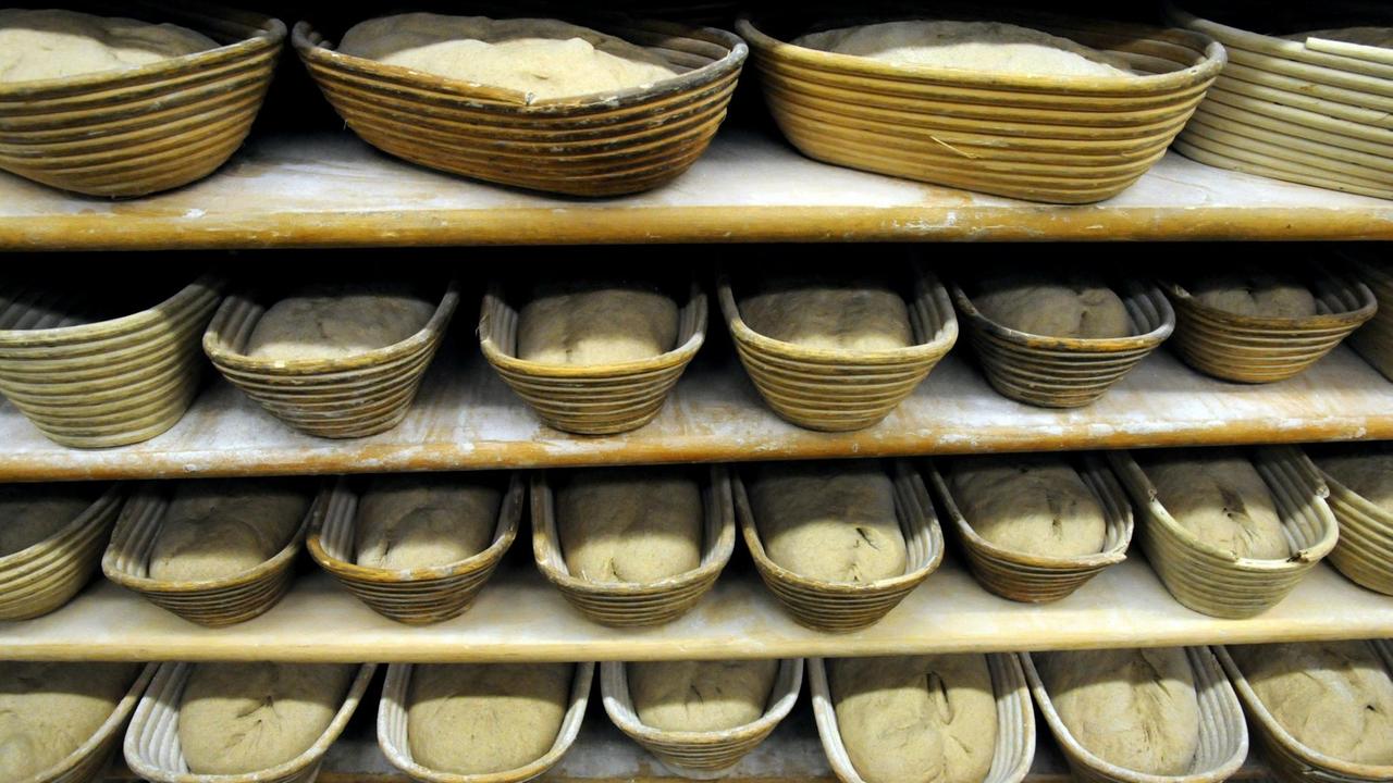 Brotrohlinge liegen in Holzkörben einer Bäckerei. Brotrohlinge liegen in Holzkörben einer Bäckerei.