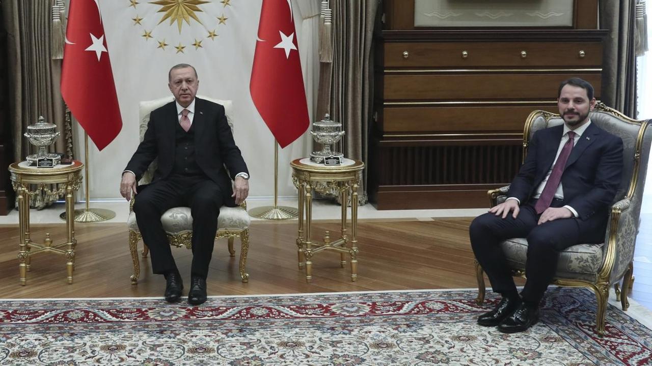 Turkey's President Recep Tayyip Erdogan, center, accompanied by Turkey's Economy Minister Berat Albayrak, right, who is also his son-in-law, meets with Jared Kushner, left, U.S. President Donald Trump's adviser and son-in-law, at the Presidential Palace in Ankara, Turkey, Wednesday, Feb. 27, 2019. Turkey's President Recep Tayyip Erdogan, center, accompanied by Turkey's Economy Minister Berat Albayrak, right, who is also his son-in-law, meets with Jared Kushner, left, U.S. President Donald Trump's adviser and son-in-law, at the Presidential Palace in Ankara, Turkey, Wednesday, Feb. 27, 2019.