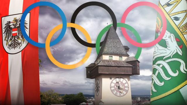 OLYMPIA - OEOC, Olympic Winter games Winterspiele Spiele Summer games 2026 GRAZ,AUSTRIA,23JAN.18 - OLYMPICS, Winter Olympic Game, Austria 2026, montage on the austrian and styrian candidature. Image shows the Uhrturm of Graz. Keywords: Graz, Schladming. PUBLICATIONxINxGERxHUNxONLY GEPAxpictures