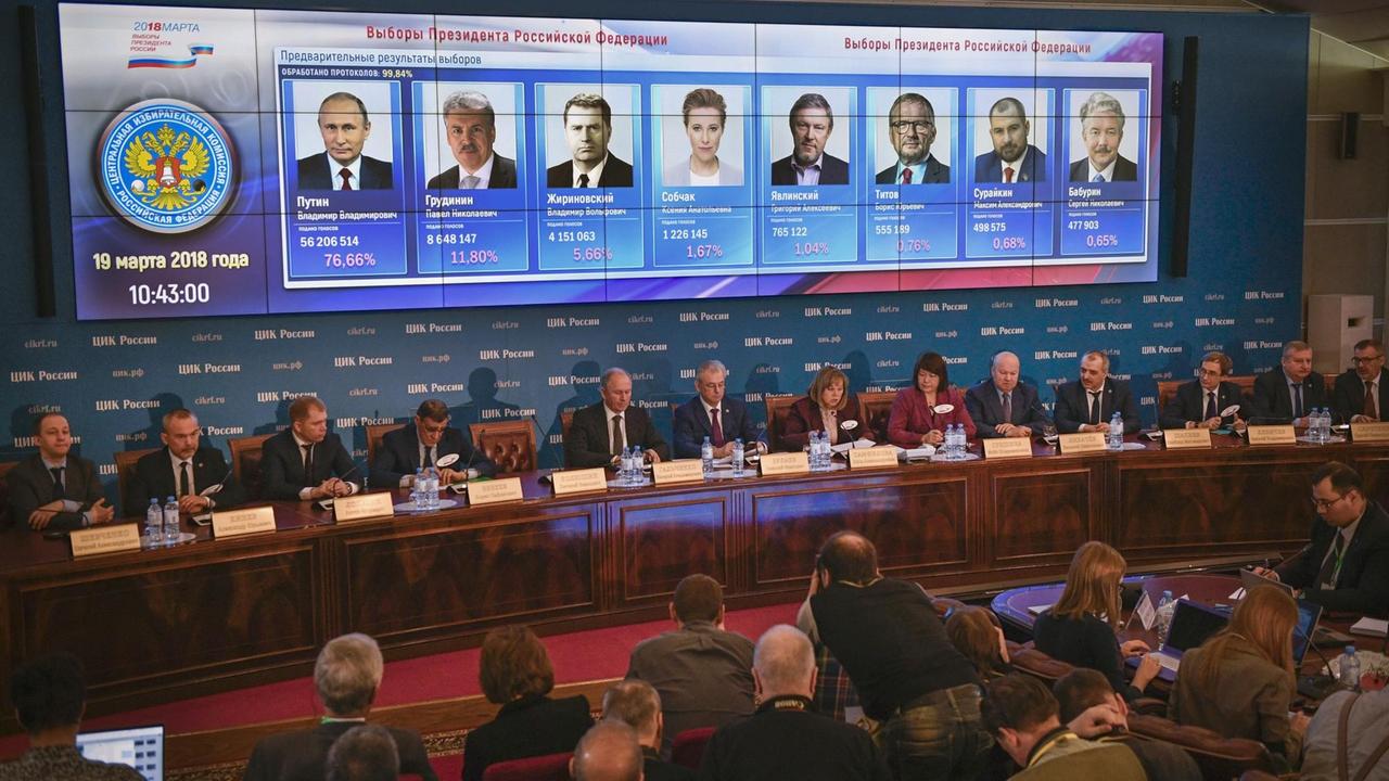 Mitglieder der amtlichen Wahlkommission in Russland stellen das Endergebnis der Präsidentenwahl vor.