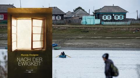 Im Vordergrund: Cover des Buches "Nach der Ewigkeit" von Maxim Ossipow, im Hintergrund: Ein Schüler wartet im sibirischen Omsk (Russland) auf ein Boot, das ihn über den Fluss bringt.