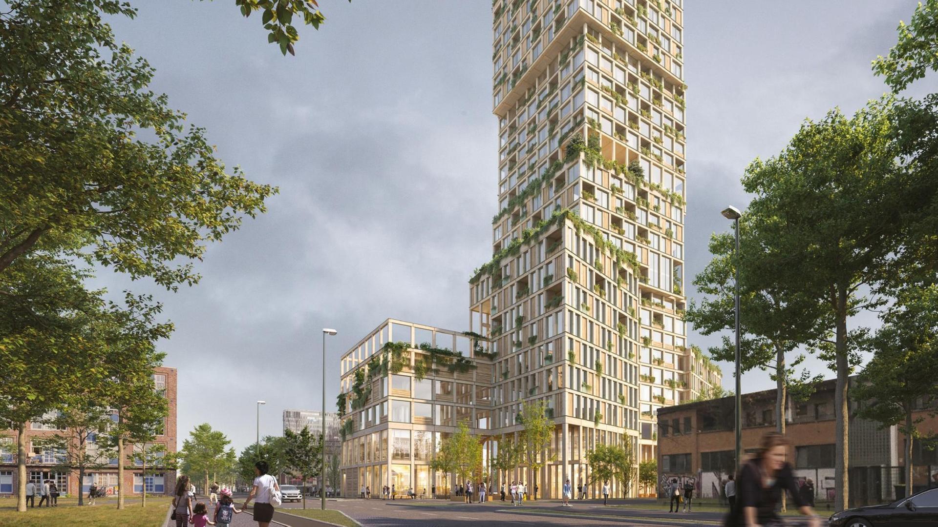 Die Visualisierung des Mad Arktikter-Entwúrfs für ein Wohnhochhaus in Berlin-Kreuzberg zeigt im Vordergrund eine Menschengruppe und im Hintergrund das Hochhaus. Vier Baukörper, leicht verdreht, drum herum viel grün. (Copyright: Mad arktikter) Die Visualisierung des Mad Arktikter-Entwúrfs für ein Wohnhochhaus in Berlin-Kreuzberg zeigt im Vordergrund eine Menschengruppe und im Hintergrund das Hochhaus. Vier Baukörper, leicht verdreht, drum herum viel grün. (Copyright: Mad arktikter)