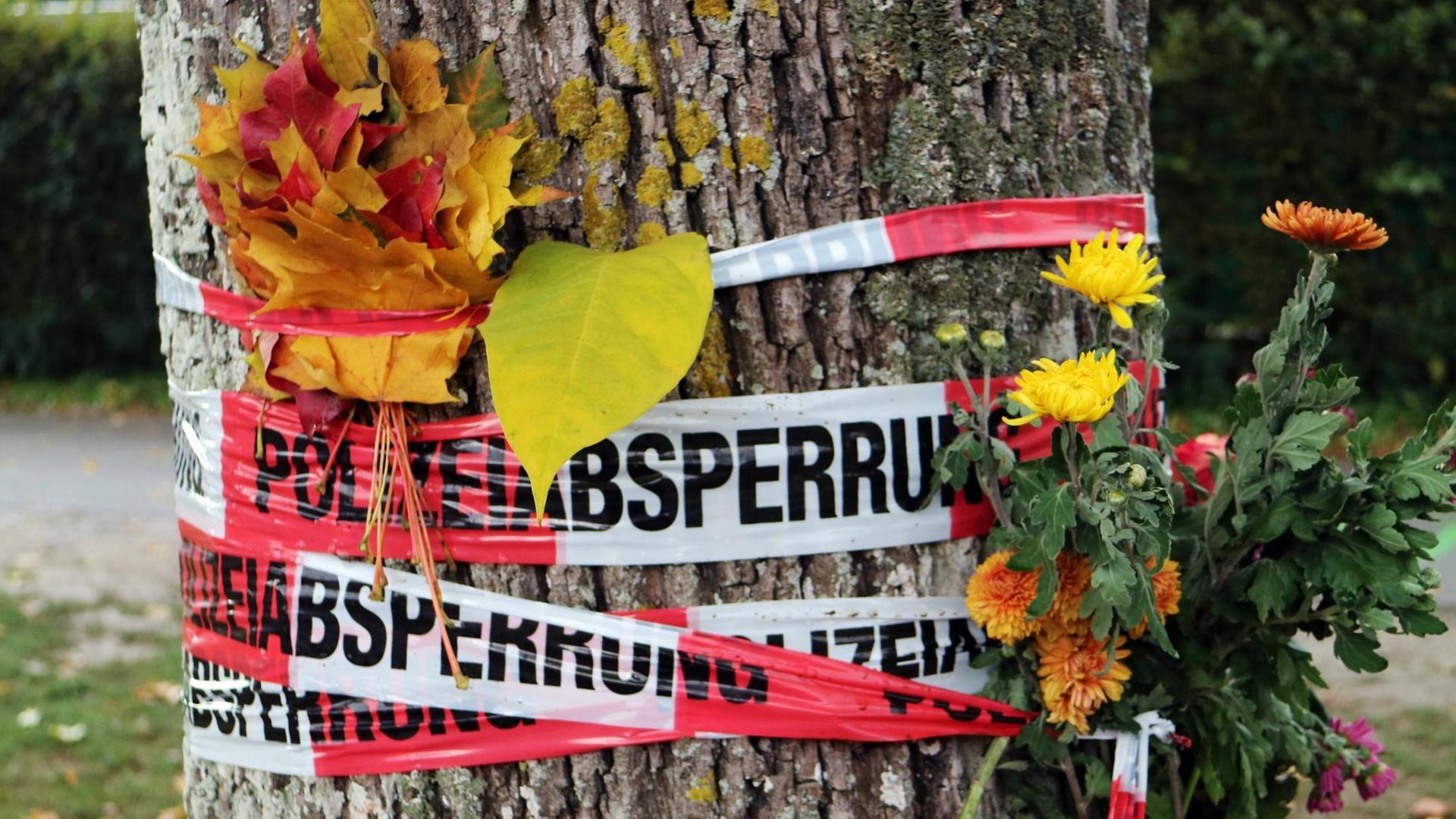 Blumen und Herbstlaub stecken zwischen den Absperrbändern der Polizei an der Dreisam in Freiburg, wo eine junge Frau getötet wurde. Blumen und Herbstlaub stecken zwischen den Absperrbändern der Polizei an der Dreisam in Freiburg, wo eine junge Frau getötet wurde.