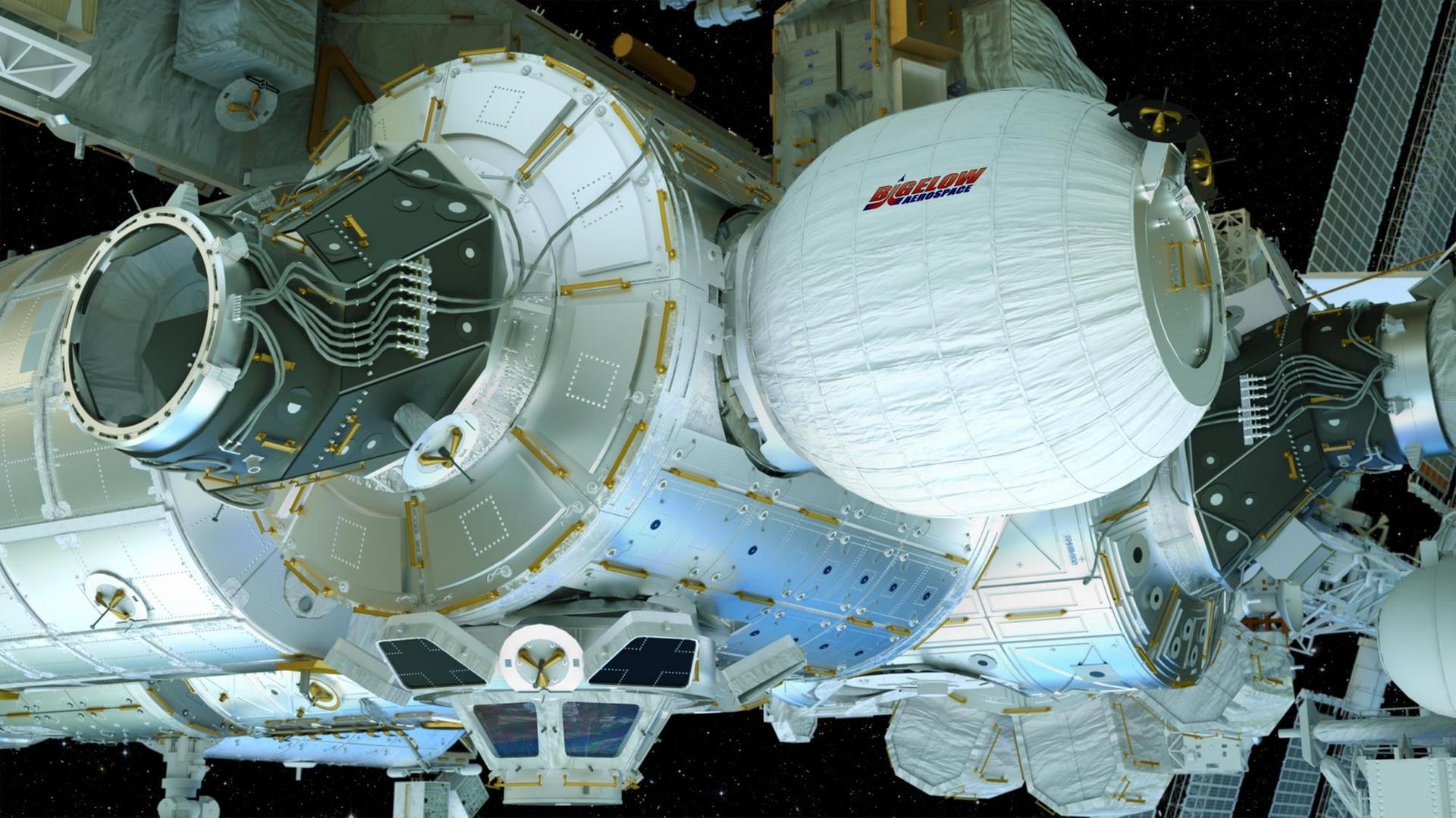 Wie ein großer Luftballon hängt das "Bigelow Expandable Activity Module" (BEAM) in dieser künstlerischen Darstellung an den anderen zylinderförmigen Modulen der Internationalen Raumstation.