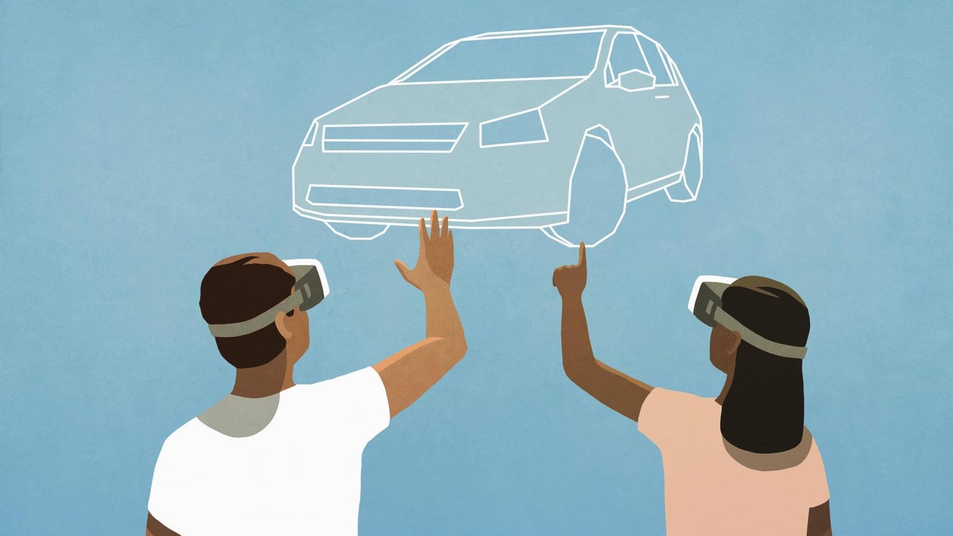 Eine Illustration von zwei Menschen mit VR-Brillen, die ein Auto ansehen. Eine Illustration von zwei Menschen mit VR-Brillen, die ein Auto ansehen.