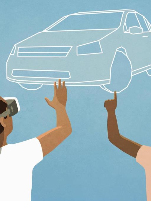 Eine Illustration von zwei Menschen mit VR-Brillen, die ein Auto ansehen.