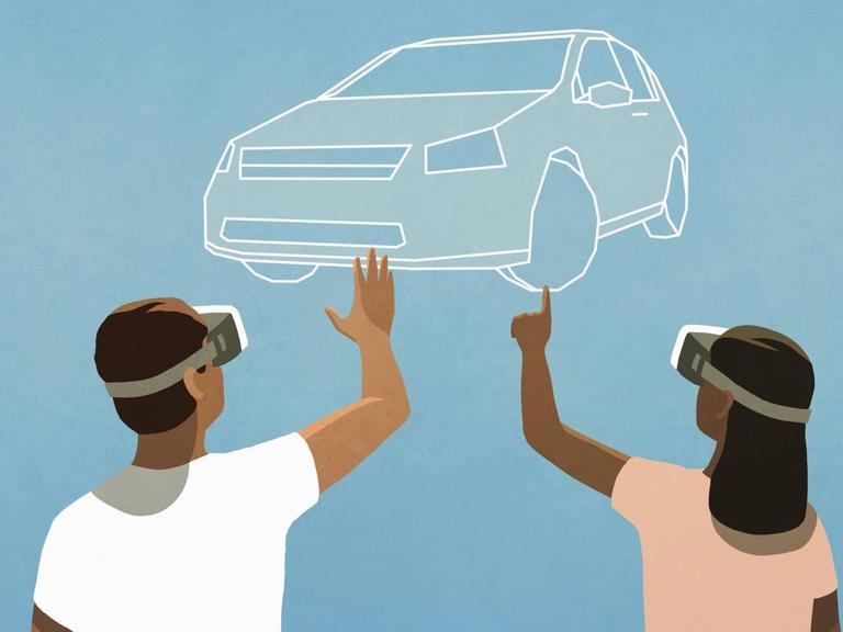 Eine Illustration von zwei Menschen mit VR-Brillen, die ein Auto ansehen.