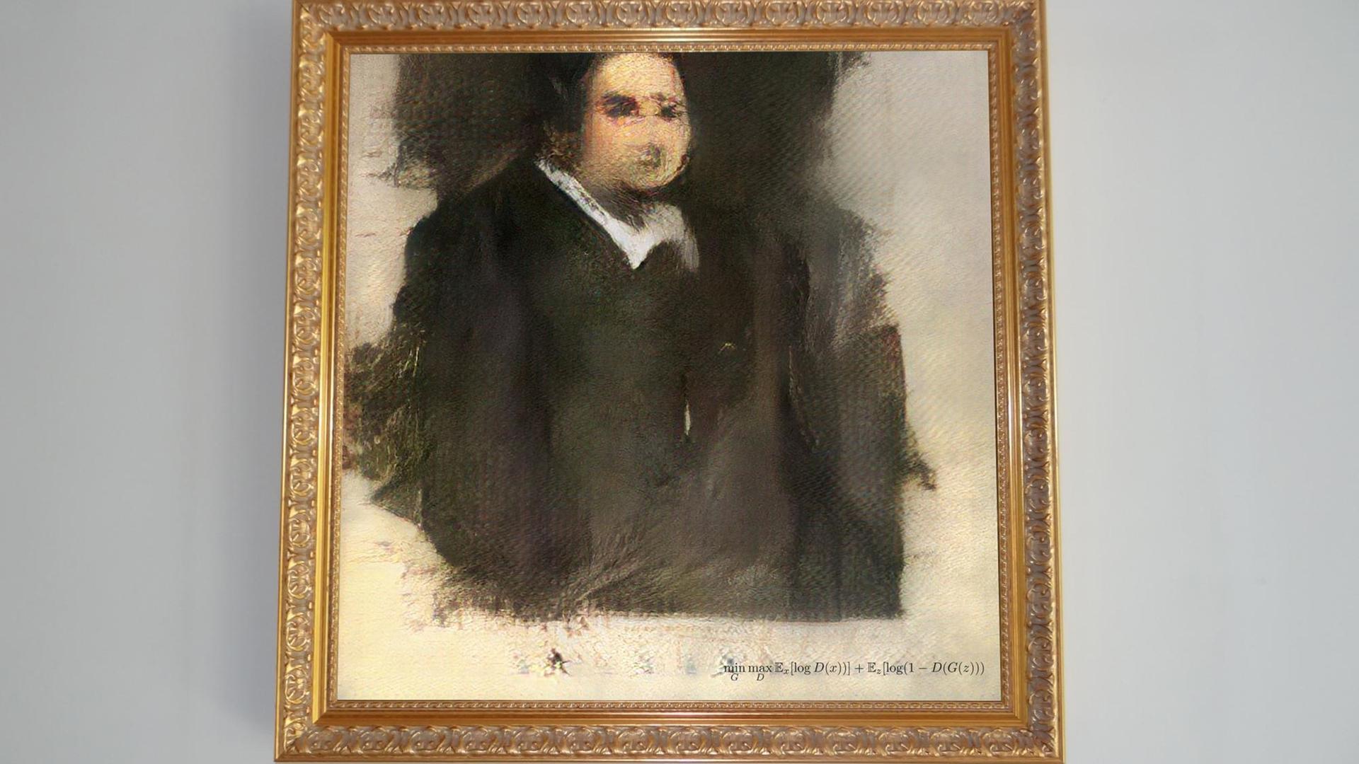 Der verschwommene Druck «Edmond de Belamy» zeigt einen Mann in dunkler Kutte mit weißem Kragen, der an einen französischen Geistlichen im 17. oder 18. Jahrhundert erinnert. Der verschwommene Druck «Edmond de Belamy» zeigt einen Mann in dunkler Kutte mit weißem Kragen, der an einen französischen Geistlichen im 17. oder 18. Jahrhundert erinnert.