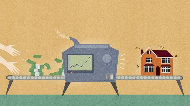 Eine Illustration zeigt Hände, die Geldbündel auf ein Förderband legen, das durch eine Maschine ein Haus herstellt.