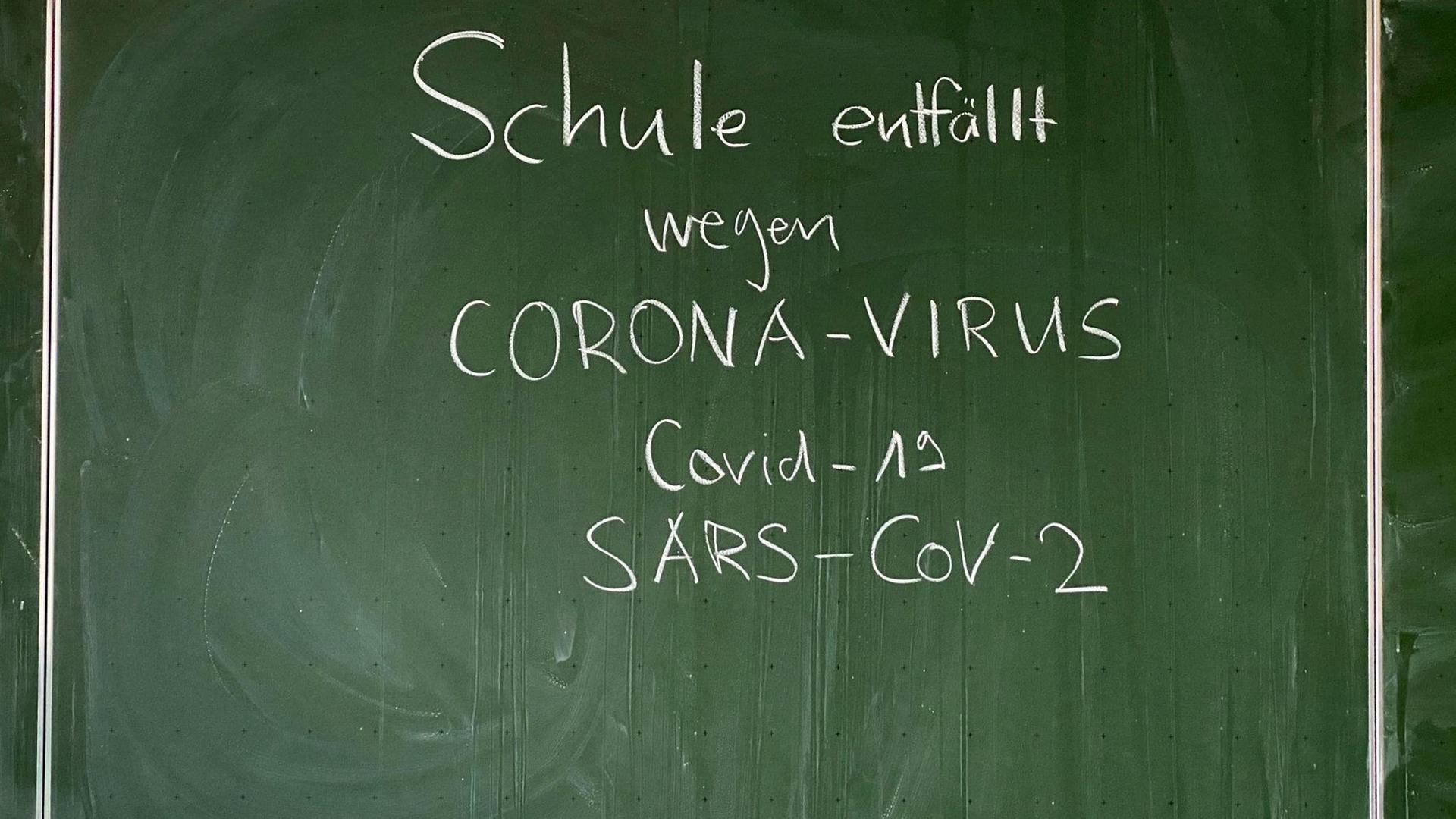 Auf einer Tafel steht geschrieben: Schule entfällt wegen Corona-Virus, Covid-19, SARS-CoV-2 Auf einer Tafel steht geschrieben: Schule entfällt wegen Corona-Virus, Covid-19, SARS-CoV-2
