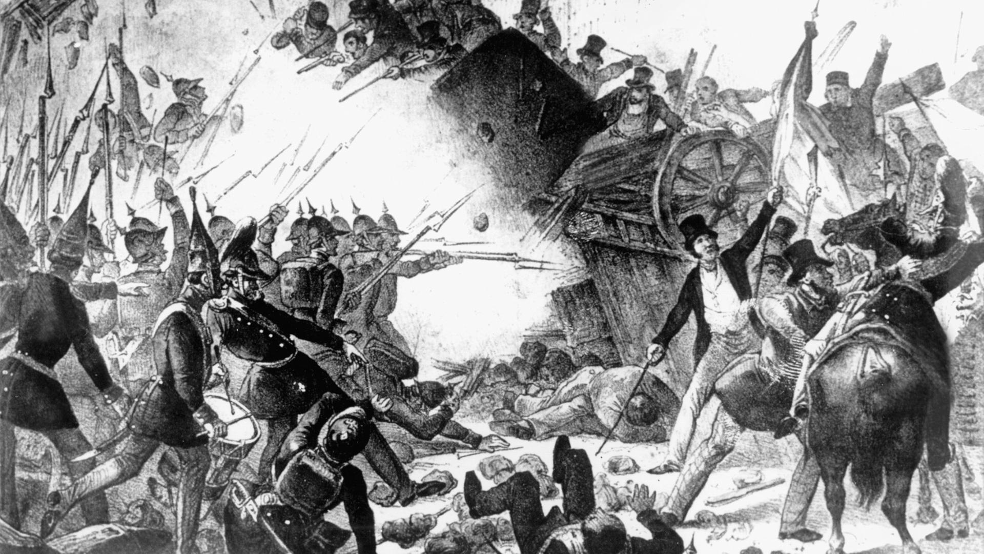 Barrikadenkämpfe in Berlin vom 18. zum 19. März 1848. Nach der französischen Februarrevolution sprang der revolutionäre Funke auch auf Deutschland über. Barrikadenkämpfe in Berlin vom 18. zum 19. März 1848. Nach der französischen Februarrevolution sprang der revolutionäre Funke auch auf Deutschland über.