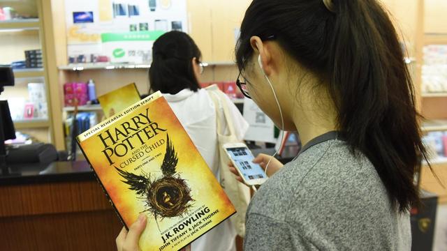 Sie sehen eine junge Frau mit einem Potter-Buch in der Hand.