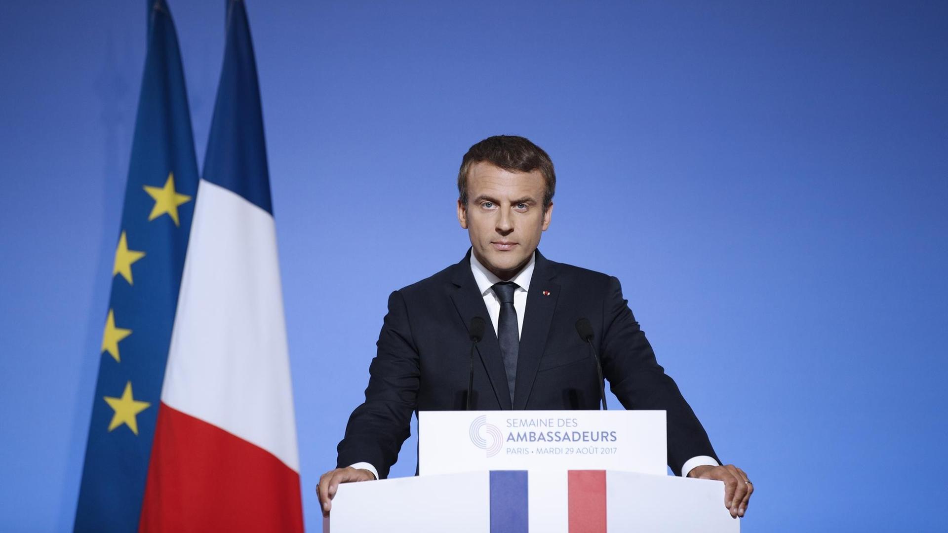 Frankreichs Präsident Macron bei seiner Redea nlässlich des jährlichen Treffens des französischen Diplomatischen Korps im Elysée-Palast in Paris am 29.08.2017. Frankreichs Präsident Macron bei seiner Redea nlässlich des jährlichen Treffens des französischen Diplomatischen Korps im Elysée-Palast in Paris am 29.08.2017.