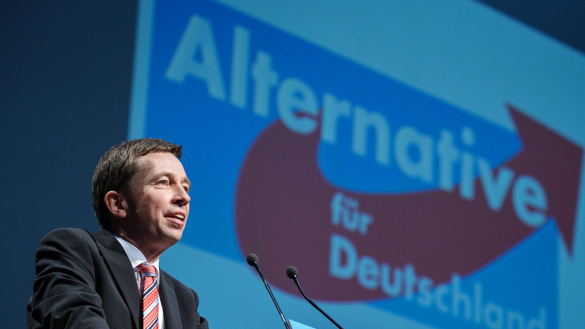 AfD-Chef Lucke spricht auf dem Bundesparteitag in Aschaffenburg an einem Rednerpult, im Hintergrund ist das Logo der Alternative für Deutschland auf blauem Grund sichtbar AfD-Chef Lucke spricht auf dem Bundesparteitag in Aschaffenburg an einem Rednerpult, im Hintergrund ist das Logo der Alternative für Deutschland auf blauem Grund sichtbar