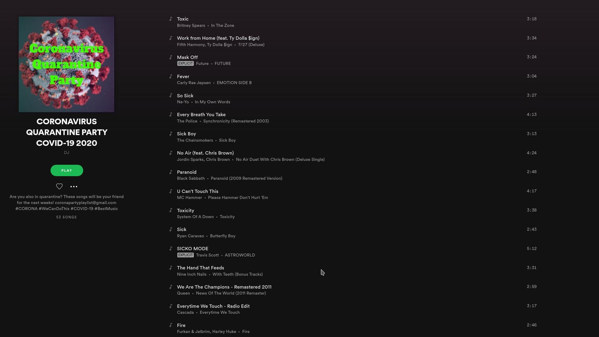 Screenshot von Spotify. Eine Liste mit Coronasongs. Screenshot von Spotify. Eine Liste mit Coronasongs.