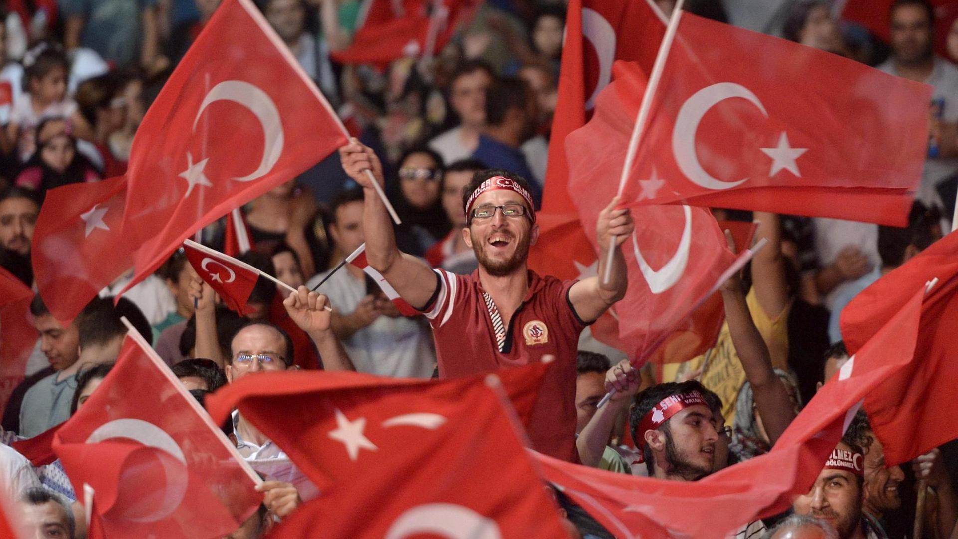 Sie sehen Anhänger von Präsident Erdogan, sie schwenken Fahnen.
