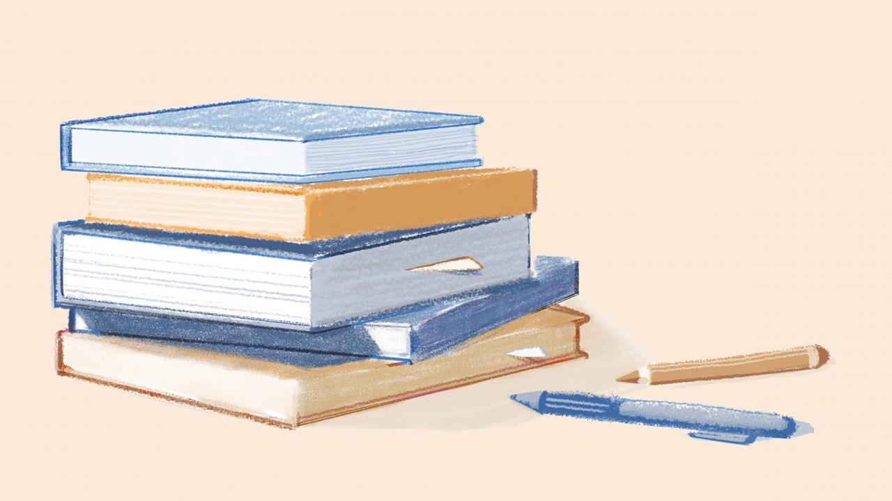 Illustration eines Bleistifts und eines Kugelschreibers, die neben eines Bücherstapels liegen. Illustration eines Bleistifts und eines Kugelschreibers, die neben eines Bücherstapels liegen.