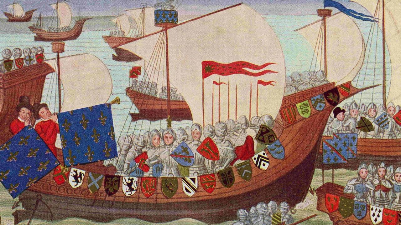 Historische Abbildung aus "The Century Edition Of Cassell s History Of England" mit Schiffen, auf denen Ritter mit ihren Schilden dicht gedrängt stehen und auf dem Meer segeln.