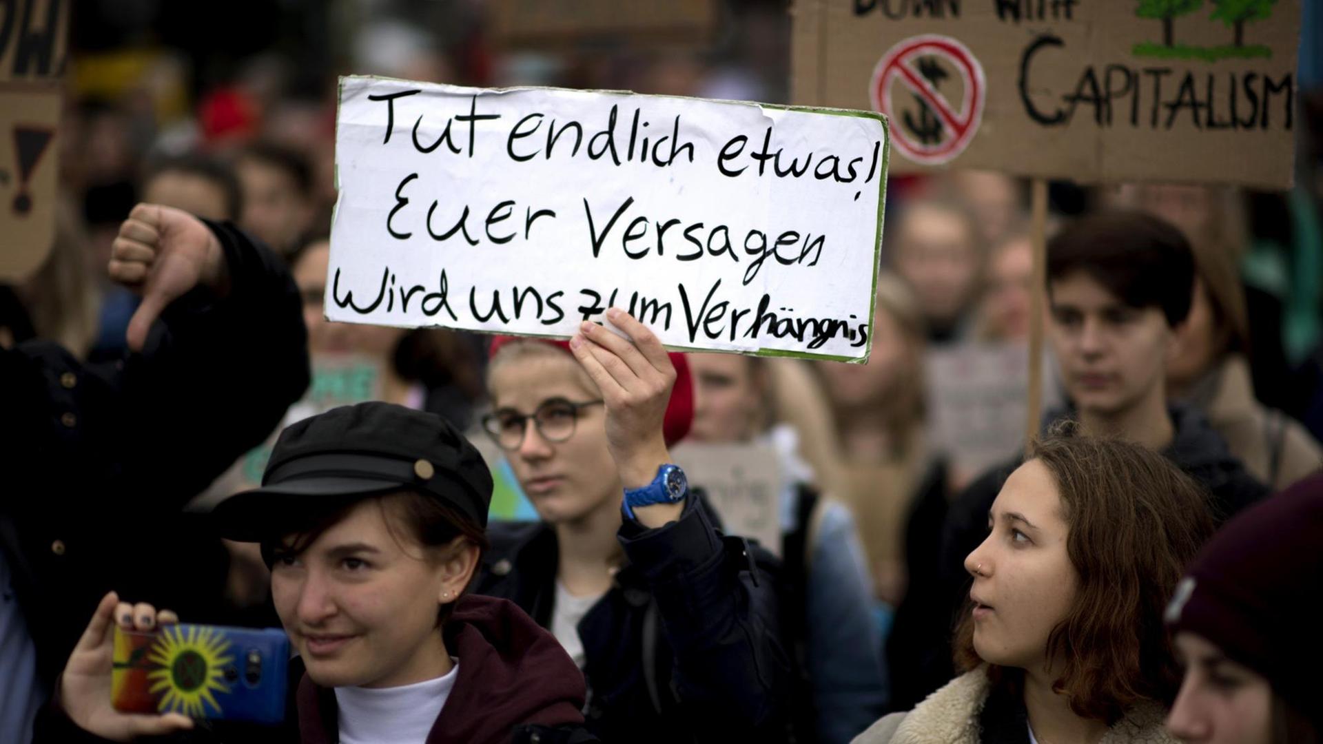 Bei den Fridays-for-Future-Protesten hält eine Demonstrantin ein Schild mit der Aufschrift: Tut endlich etwas! Euer Versagen wird uns zum Verhängnis" in die Höhe. Bei den Fridays-for-Future-Protesten hält eine Demonstrantin ein Schild mit der Aufschrift: Tut endlich etwas! Euer Versagen wird uns zum Verhängnis" in die Höhe.