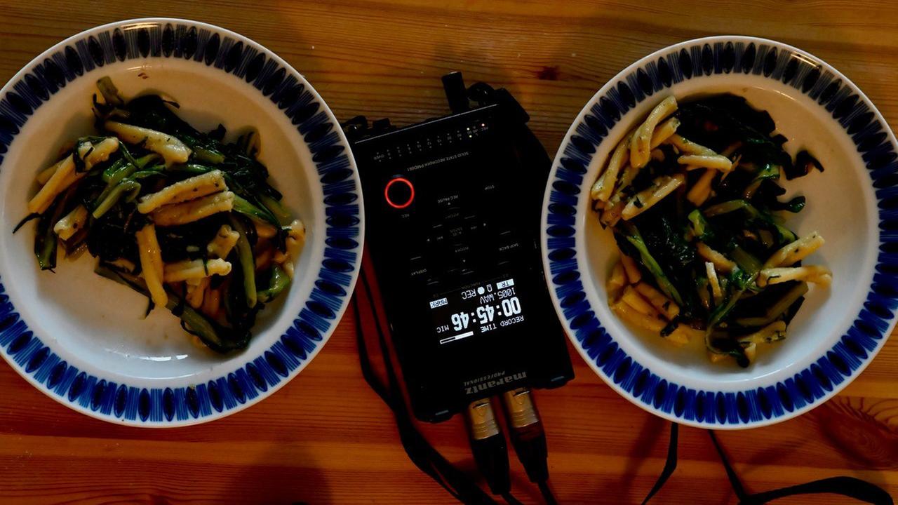 Cime di rapa … aufnehmen und genießen! Zwei Teller mit dem Menue, dazwischen ein Aufnahmegerät-. Cime di rapa … aufnehmen und genießen! Zwei Teller mit dem Menue, dazwischen ein Aufnahmegerät-.