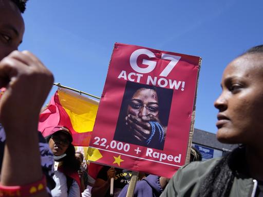 Protest gegen die Gewalt in Tigray am Rande des G7-Treffens im Juni in Falmouth, England.
